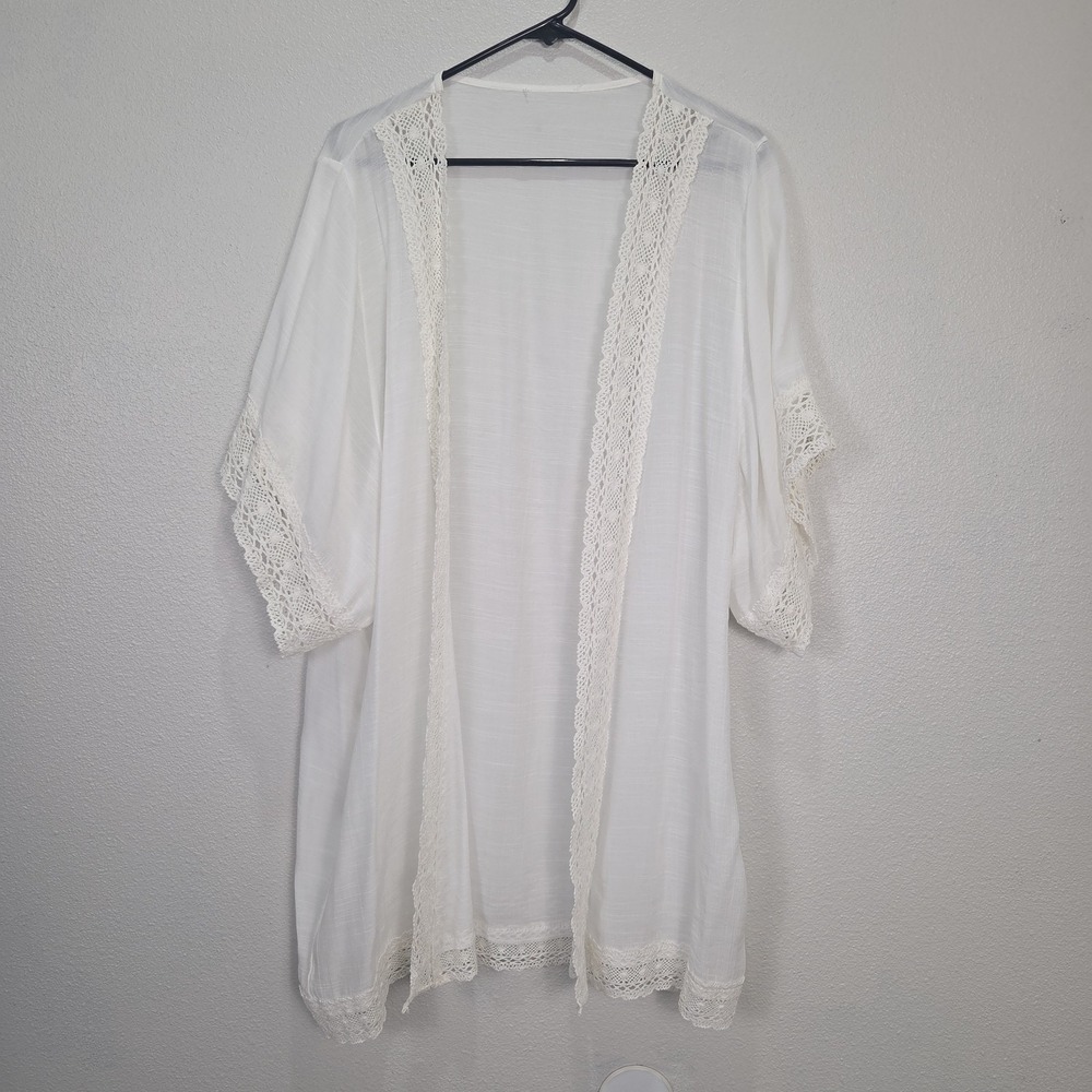 White Kimono Wrap With Crochet Detail, Lightweight, Boho, One Size Fits All